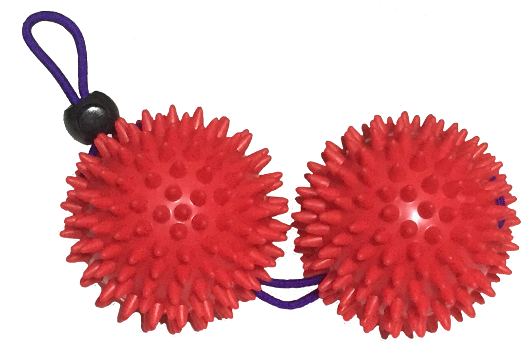 Photo of a massaging device prototype consisting of two spiky balls of medium hardness